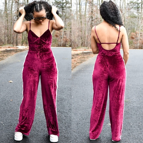 Luxe Label Pants - FAME VELVET STRIPE TRACK BURGUNDY JUMPSUIT